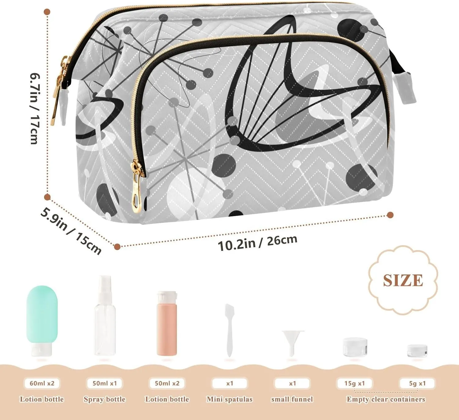 Women Wave Quilt Cosmetic Bag, Storage Pouch Handbag Makeup Case Zipper Toiletry Purse Holder Organizer 10.2x5.9x6.7 in Seamless Vintage Atomic Retro mid Century 1950 Black Grey Style