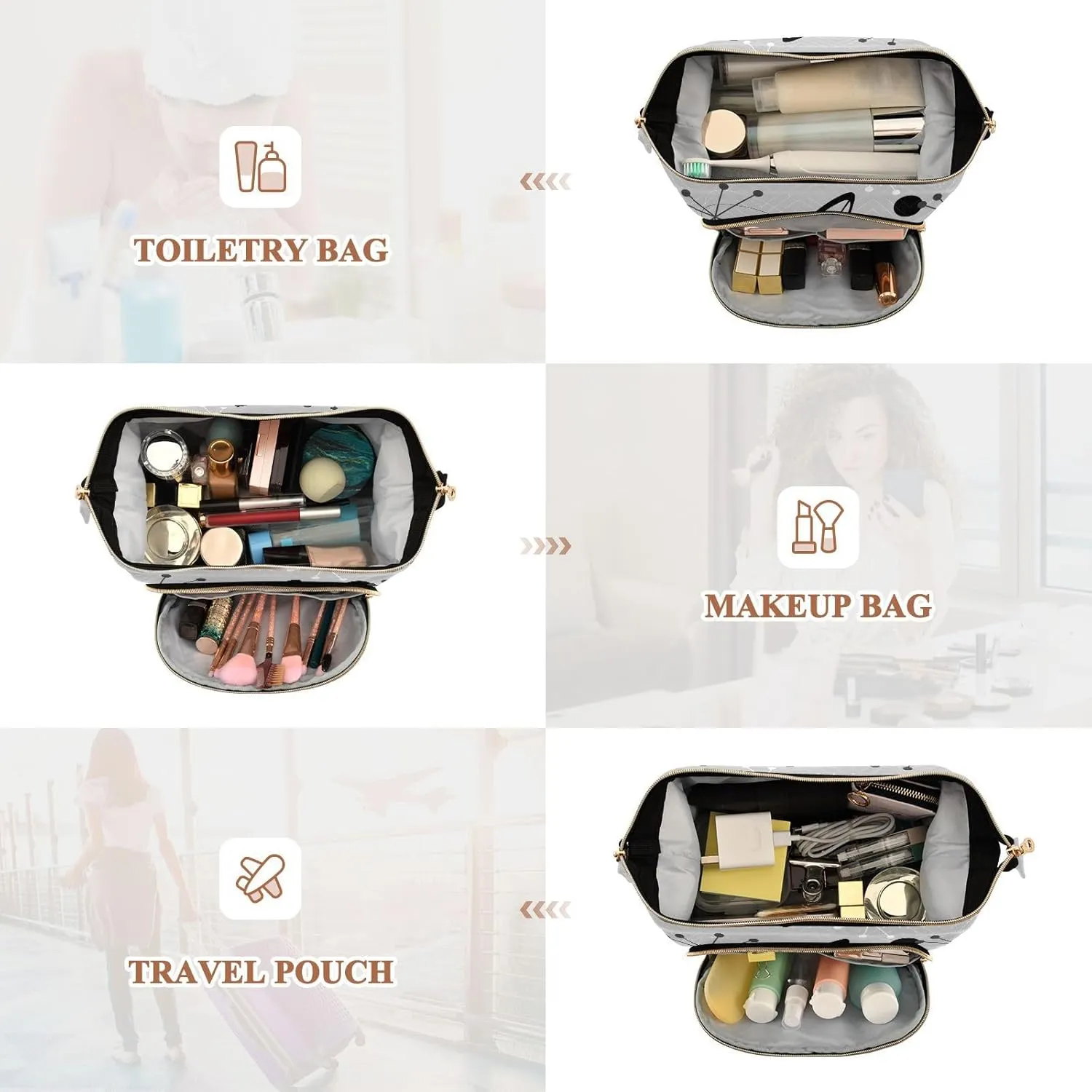Women Wave Quilt Cosmetic Bag, Storage Pouch Handbag Makeup Case Zipper Toiletry Purse Holder Organizer 10.2x5.9x6.7 in Seamless Vintage Atomic Retro mid Century 1950 Black Grey Style