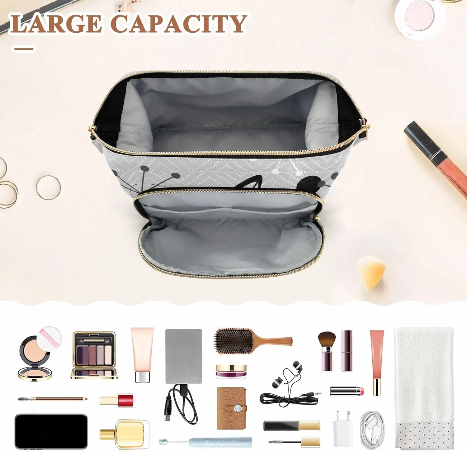 Women Wave Quilt Cosmetic Bag, Storage Pouch Handbag Makeup Case Zipper Toiletry Purse Holder Organizer 10.2x5.9x6.7 in Seamless Vintage Atomic Retro mid Century 1950 Black Grey Style