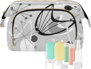 Women Wave Quilt Cosmetic Bag, Storage Pouch Handbag Makeup Case Zipper Toiletry Purse Holder Organizer 10.2x5.9x6.7 in Seamless Vintage Atomic Retro mid Century 1950 Black Grey Style