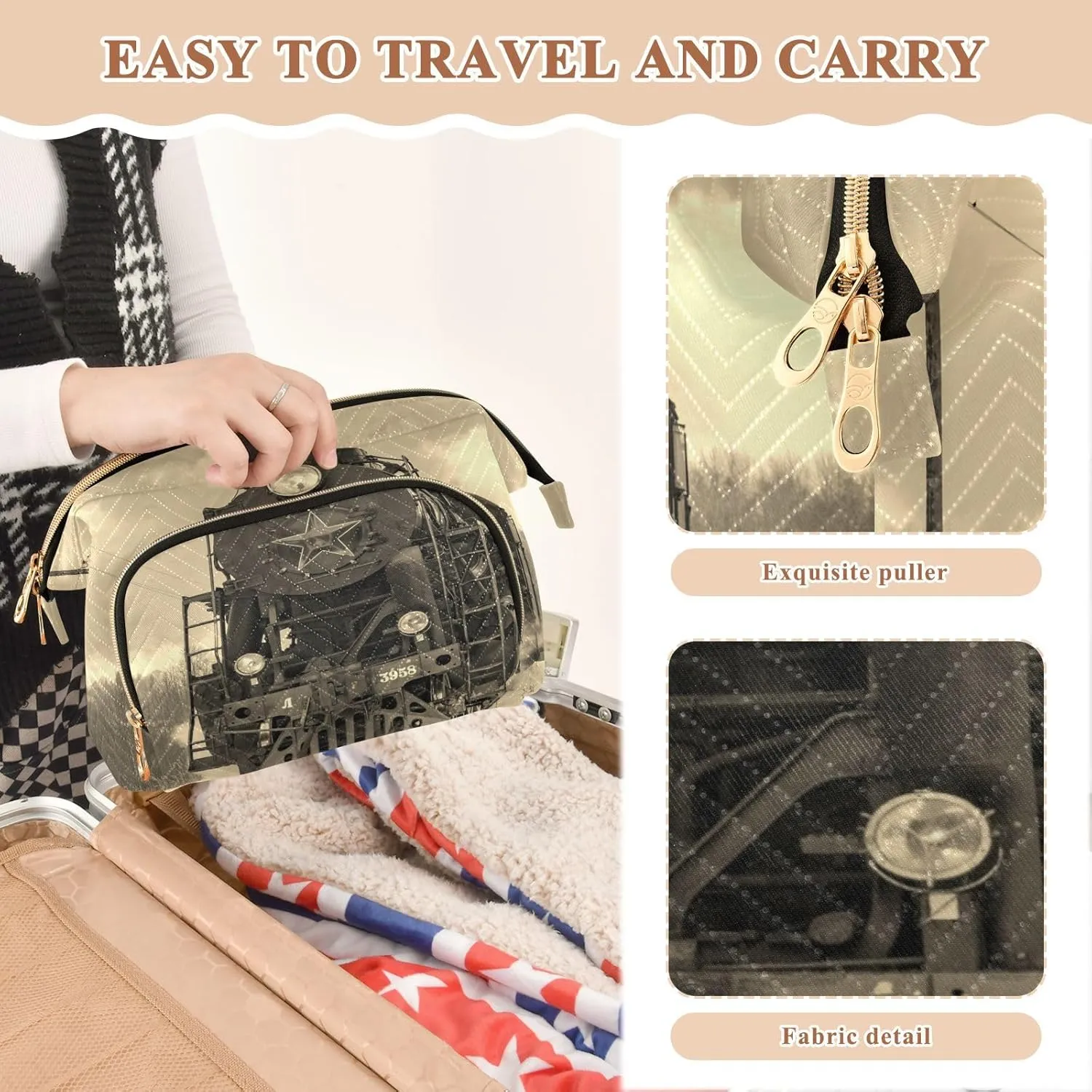 Women Wave Quilt Cosmetic Bag, Storage Pouch Handbag Makeup Case Zipper Toiletry Purse Holder Organizer 10.2x5.9x6.7 in Steam Train in winter with White Snow, Track Route with Smoke