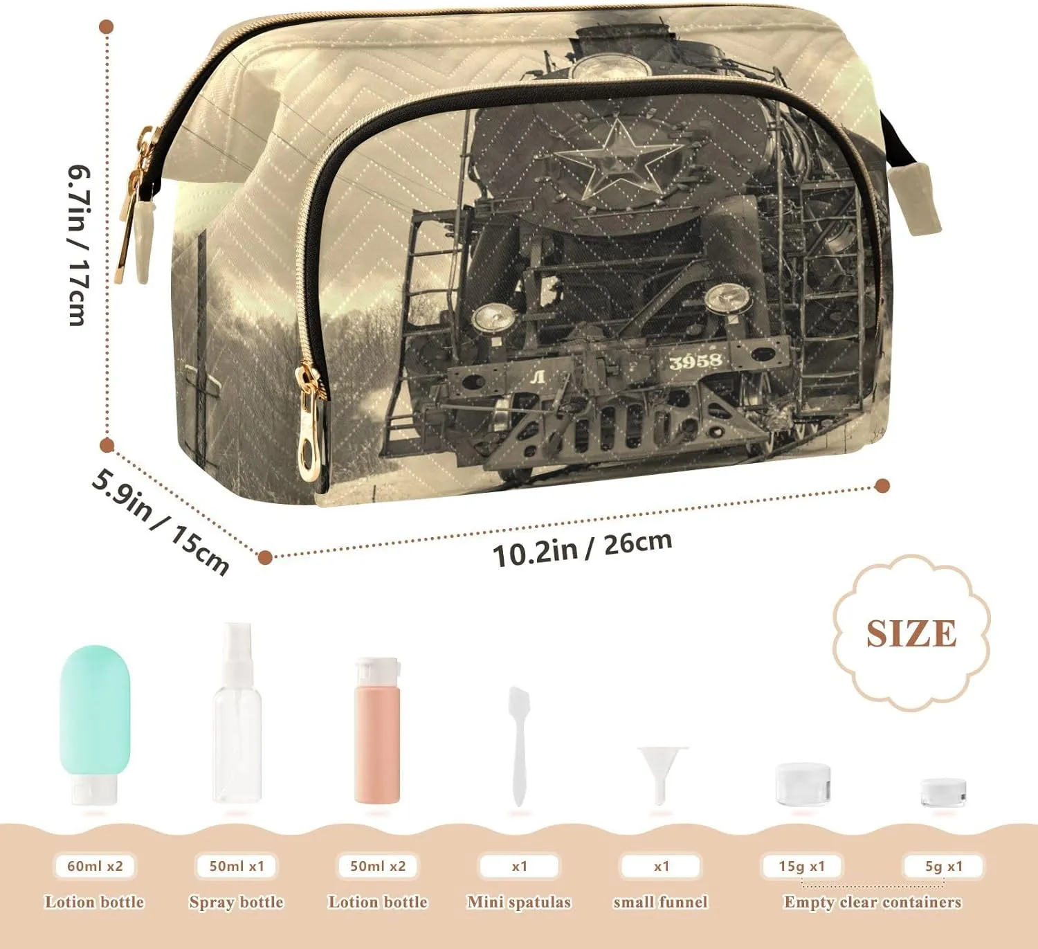 Women Wave Quilt Cosmetic Bag, Storage Pouch Handbag Makeup Case Zipper Toiletry Purse Holder Organizer 10.2x5.9x6.7 in Steam Train in winter with White Snow, Track Route with Smoke
