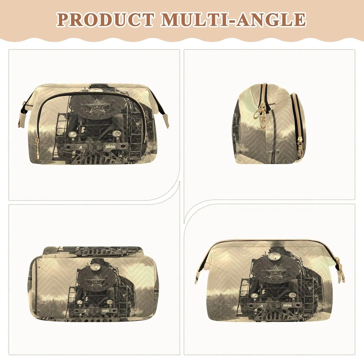 Women Wave Quilt Cosmetic Bag, Storage Pouch Handbag Makeup Case Zipper Toiletry Purse Holder Organizer 10.2x5.9x6.7 in Steam Train in winter with White Snow, Track Route with Smoke