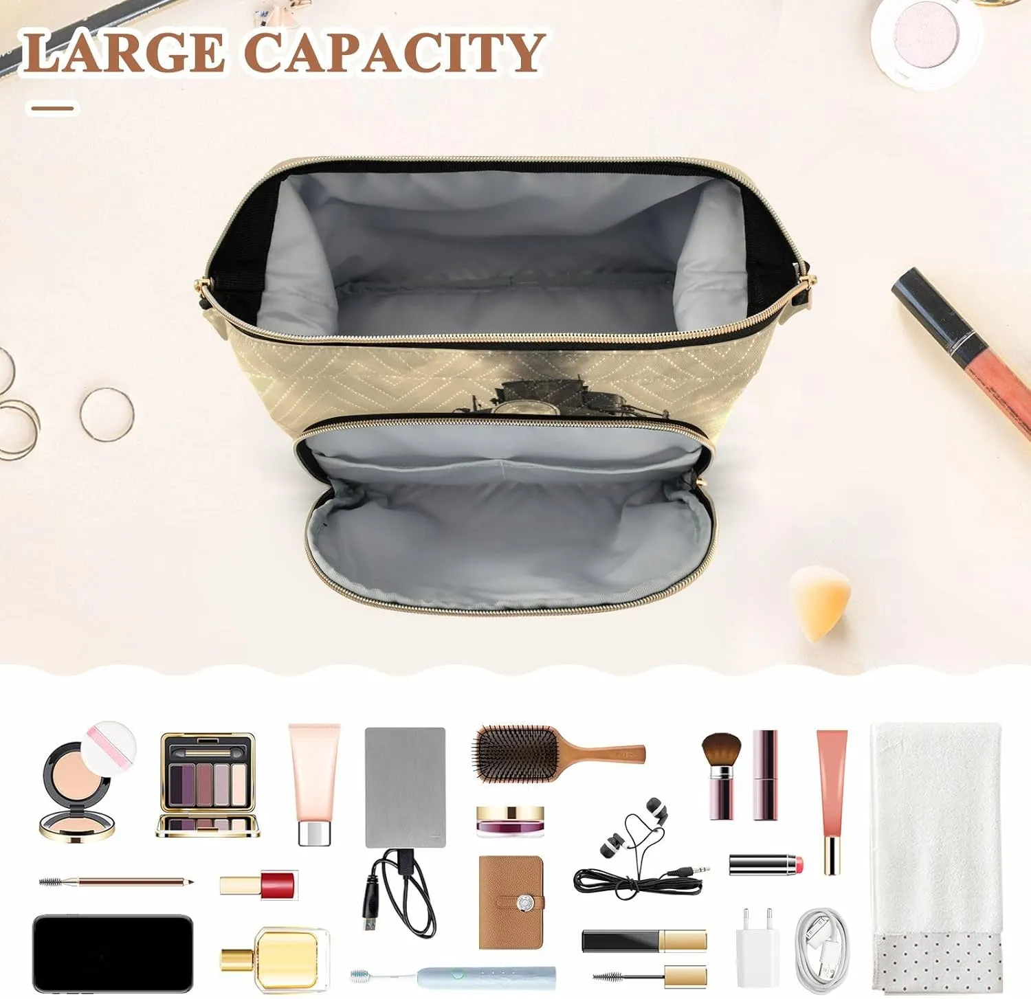Women Wave Quilt Cosmetic Bag, Storage Pouch Handbag Makeup Case Zipper Toiletry Purse Holder Organizer 10.2x5.9x6.7 in Steam Train in winter with White Snow, Track Route with Smoke