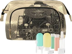 Women Wave Quilt Cosmetic Bag, Storage Pouch Handbag Makeup Case Zipper Toiletry Purse Holder Organizer 10.2x5.9x6.7 in Steam Train in winter with White Snow, Track Route with Smoke