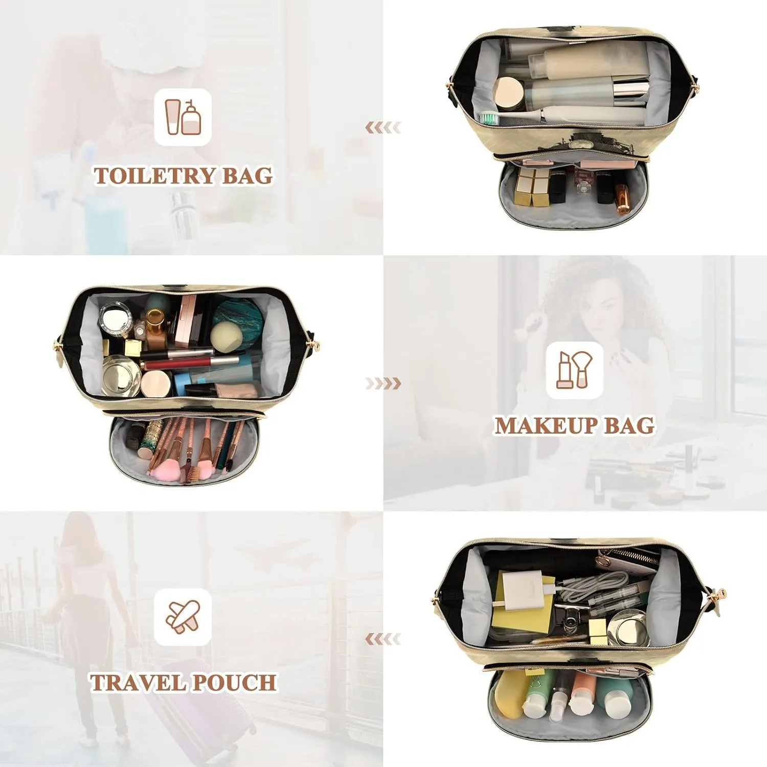 Women Wave Quilt Cosmetic Bag, Storage Pouch Handbag Makeup Case Zipper Toiletry Purse Holder Organizer 10.2x5.9x6.7 in Steam Train in winter with White Snow, Track Route with Smoke