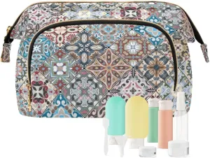 Women Wave Quilt Cosmetic Bag, Storage Pouch Handbag Makeup Case Zipper Toiletry Purse Holder Organizer 10.2x5.9x6.7 in Vintage Retro Abstract Mosaic Oriental Square Scraps Flowers