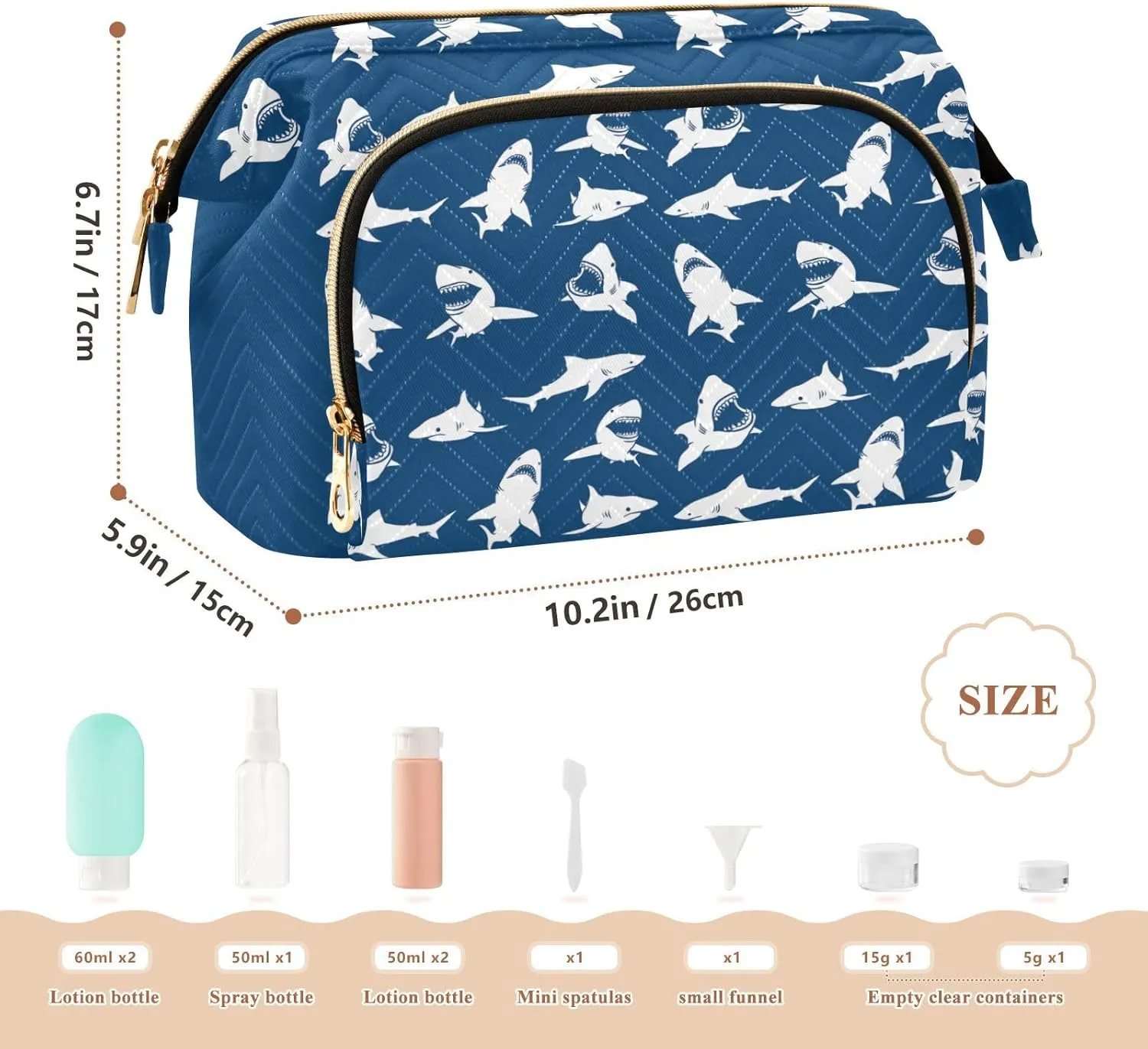 Women Wave Quilt Cosmetic Bag, Storage Pouch Handbag Makeup Case Zipper Toiletry Purse Holder Organizer 10.2x5.9x6.7 in White Sharks Seamless on Dark Blue Background