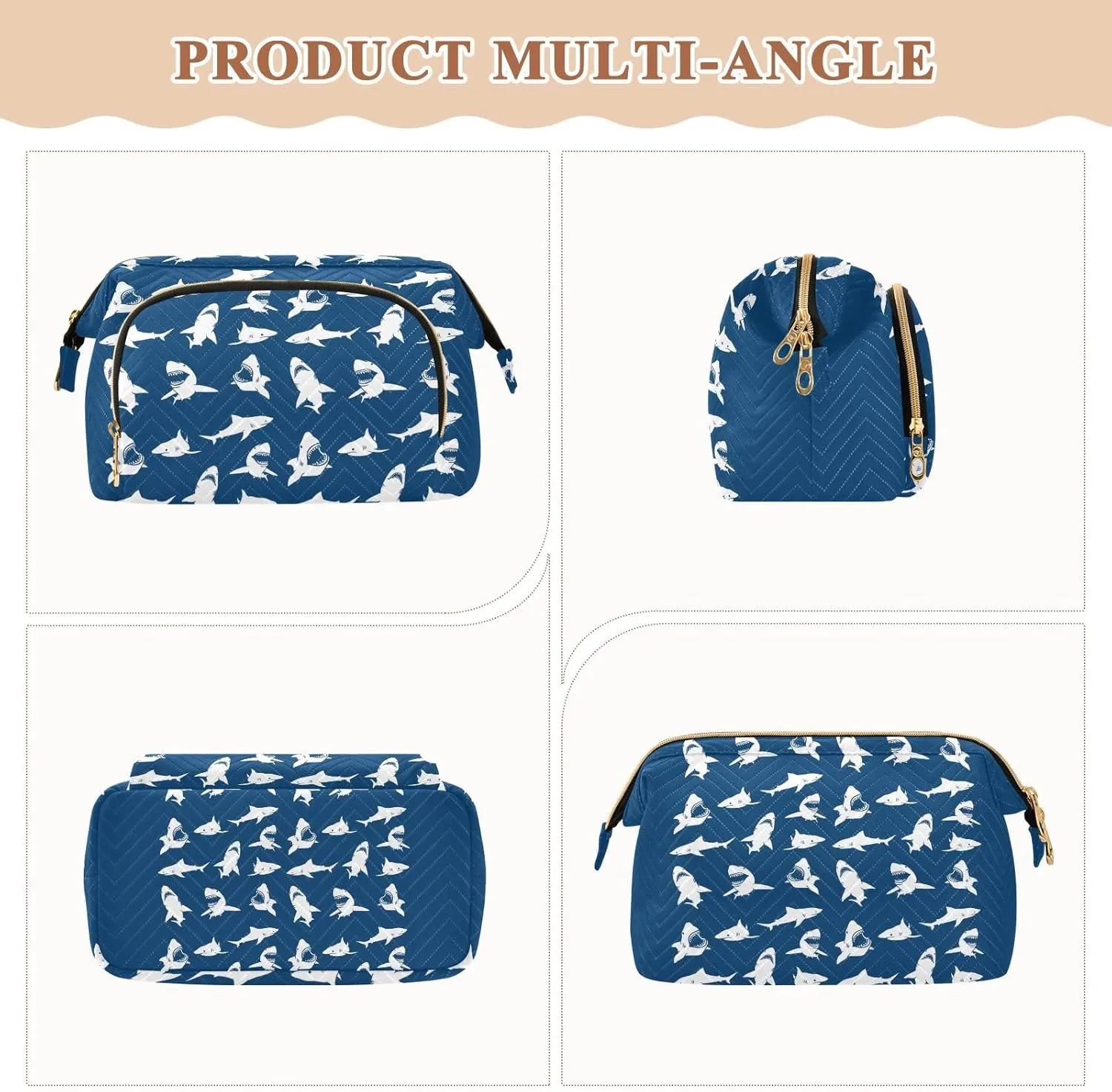 Women Wave Quilt Cosmetic Bag, Storage Pouch Handbag Makeup Case Zipper Toiletry Purse Holder Organizer 10.2x5.9x6.7 in White Sharks Seamless on Dark Blue Background