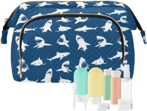 Women Wave Quilt Cosmetic Bag, Storage Pouch Handbag Makeup Case Zipper Toiletry Purse Holder Organizer 10.2x5.9x6.7 in White Sharks Seamless on Dark Blue Background