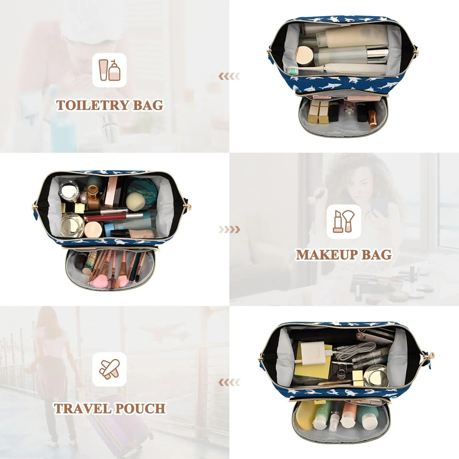 Women Wave Quilt Cosmetic Bag, Storage Pouch Handbag Makeup Case Zipper Toiletry Purse Holder Organizer 10.2x5.9x6.7 in White Sharks Seamless on Dark Blue Background