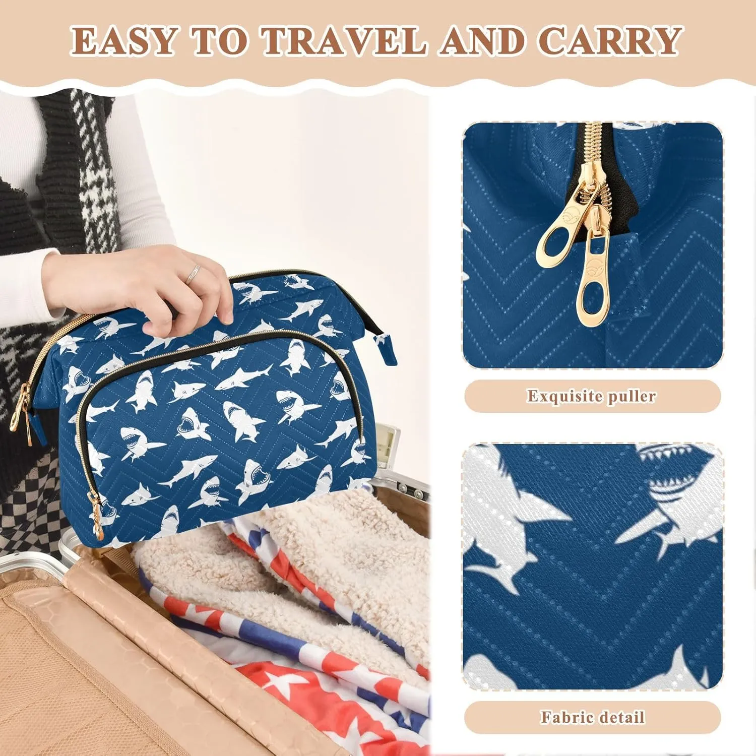 Women Wave Quilt Cosmetic Bag, Storage Pouch Handbag Makeup Case Zipper Toiletry Purse Holder Organizer 10.2x5.9x6.7 in White Sharks Seamless on Dark Blue Background