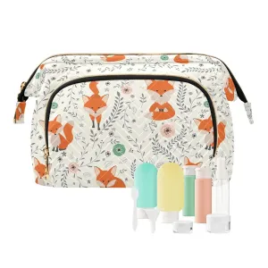 Women Wave Quilt Cosmetic Bag, Zipper Toiletry Storage 10.2x5.9x6.7 in, Pouch Handbag Makeup Case Purse Holder Organizer Print Orange Foxes Fox On Vintage Floral Flowers