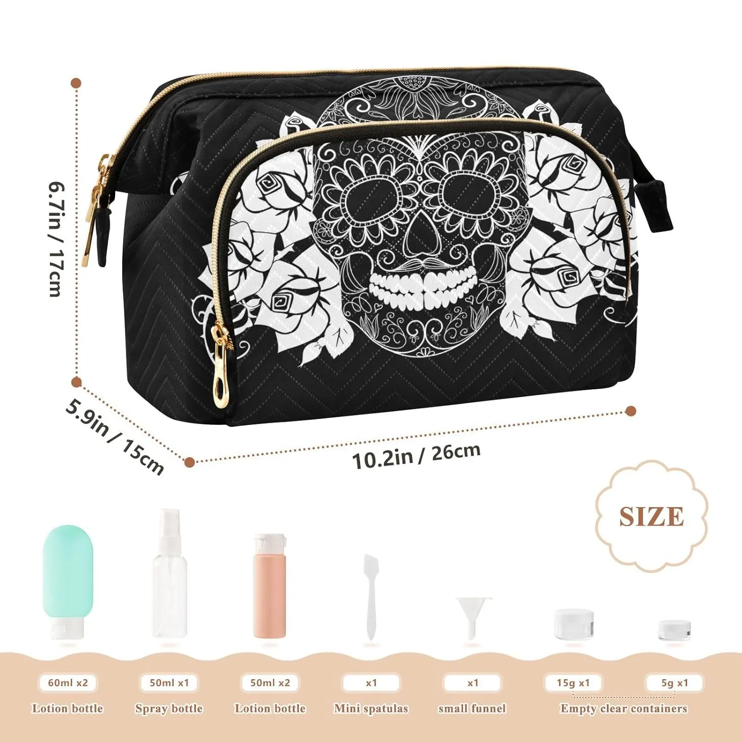 Women Wave Quilt Cosmetic Bag, Zipper Toiletry Storage 10.2x5.9x6.7 in, Pouch Handbag Makeup Case Purse Holder Organizer Print Sugar Skull Day Of The Dead Black White On Black