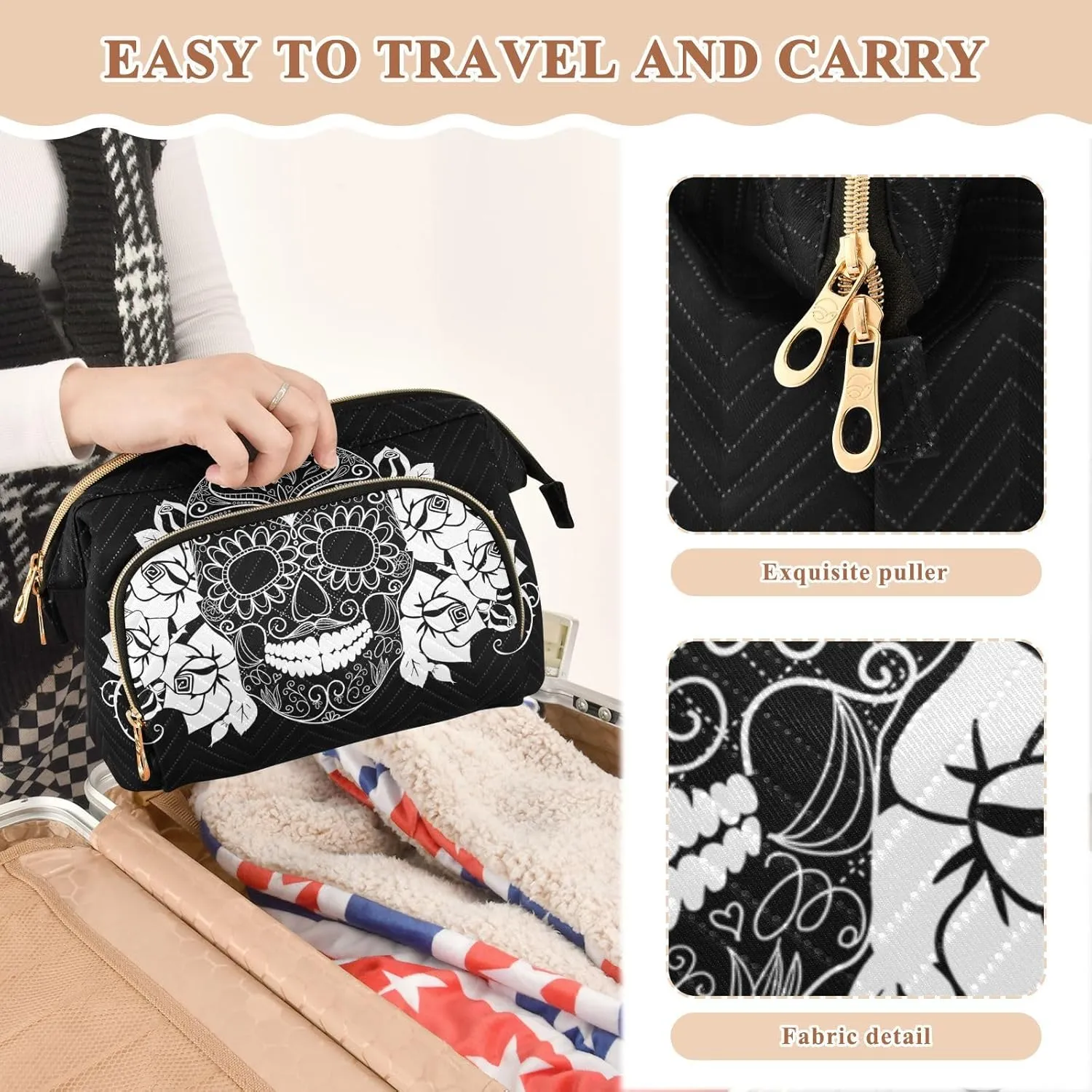 Women Wave Quilt Cosmetic Bag, Zipper Toiletry Storage 10.2x5.9x6.7 in, Pouch Handbag Makeup Case Purse Holder Organizer Print Sugar Skull Day Of The Dead Black White On Black
