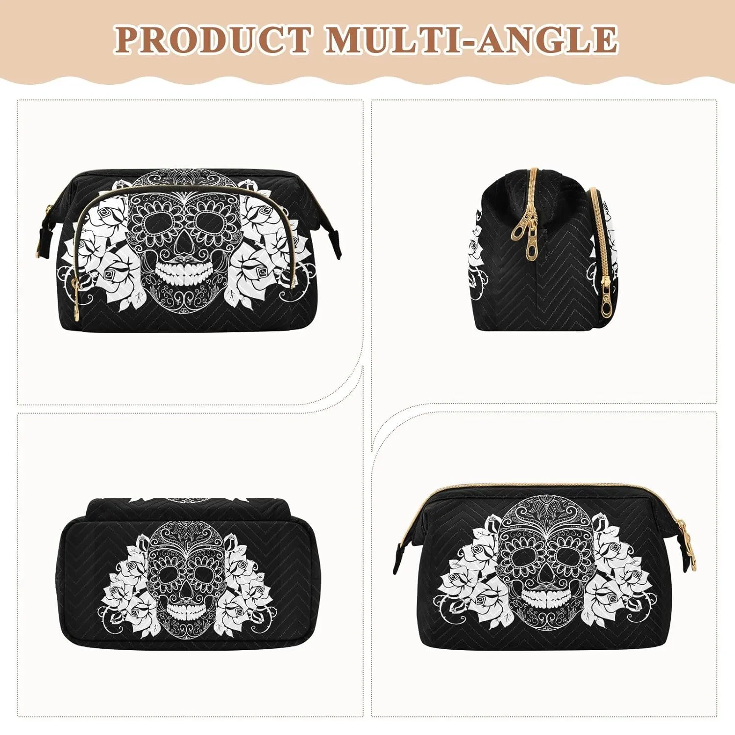 Women Wave Quilt Cosmetic Bag, Zipper Toiletry Storage 10.2x5.9x6.7 in, Pouch Handbag Makeup Case Purse Holder Organizer Print Sugar Skull Day Of The Dead Black White On Black
