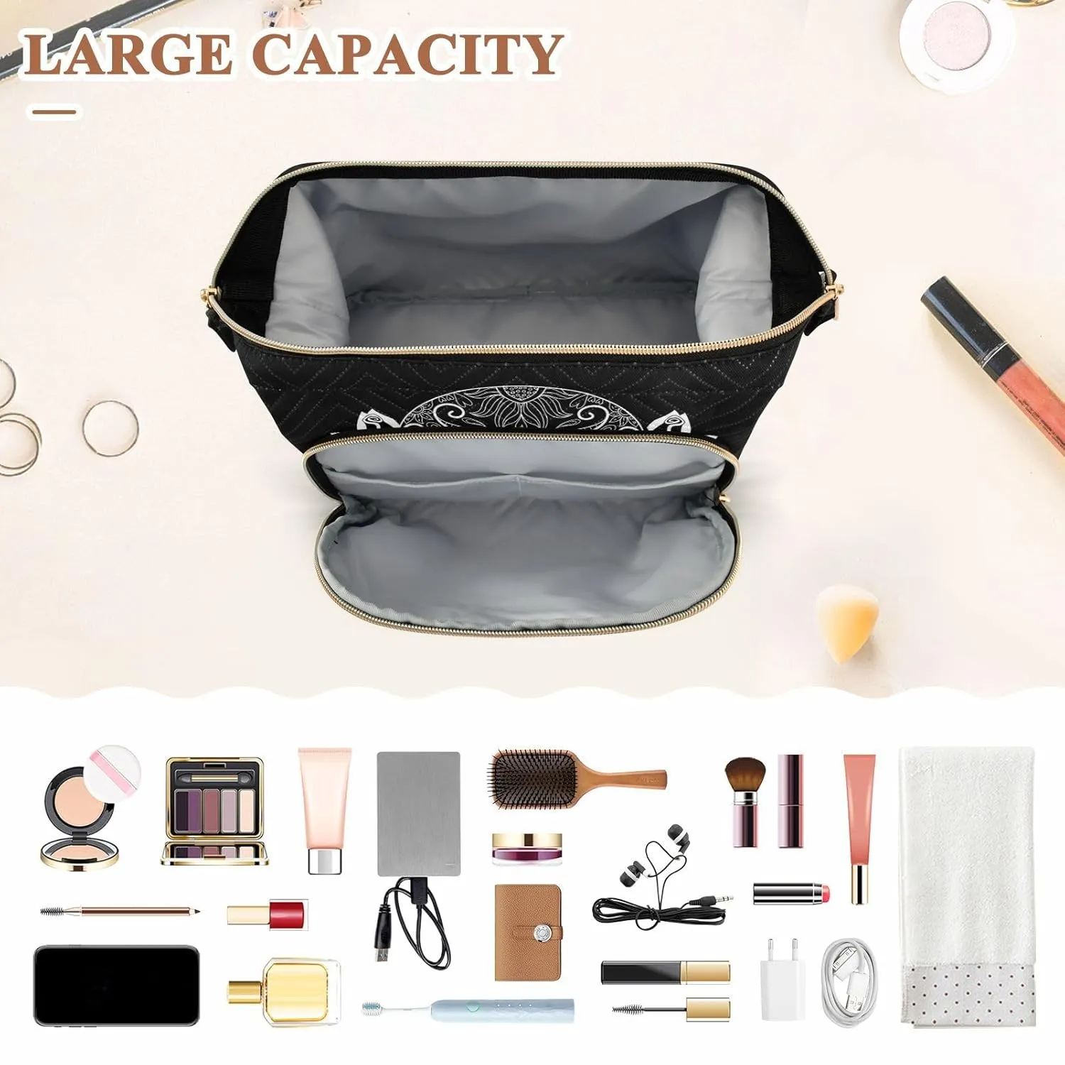 Women Wave Quilt Cosmetic Bag, Zipper Toiletry Storage 10.2x5.9x6.7 in, Pouch Handbag Makeup Case Purse Holder Organizer Print Sugar Skull Day Of The Dead Black White On Black