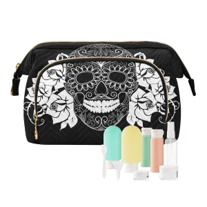 Women Wave Quilt Cosmetic Bag, Zipper Toiletry Storage 10.2x5.9x6.7 in, Pouch Handbag Makeup Case Purse Holder Organizer Print Sugar Skull Day Of The Dead Black White On Black