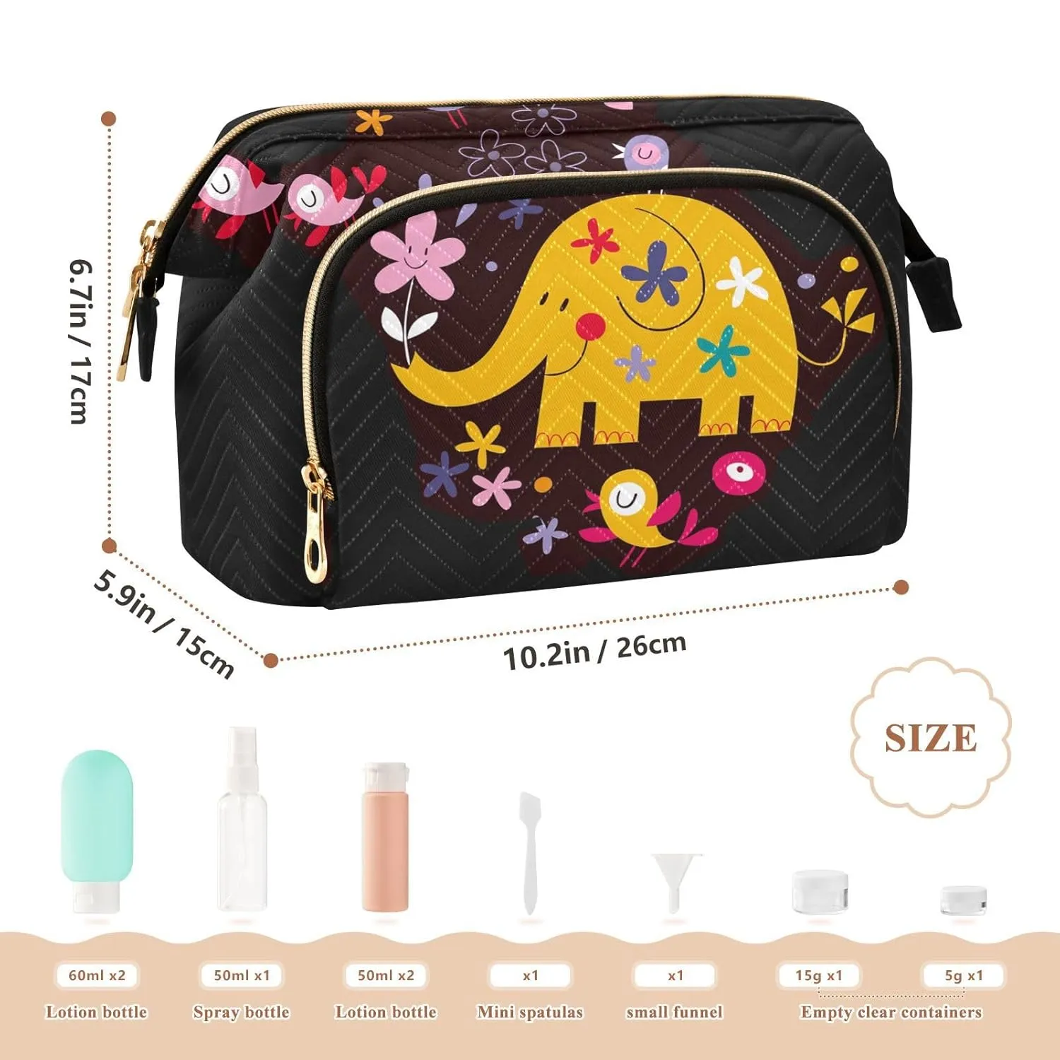 Women Wave Quilt Cosmetic Bag, Zipper Toiletry Storage 10.2x5.9x6.7 in, Pouch Handbag Makeup Case Purse Holder Organizer Print Yellow Elephant With Flowers On Black