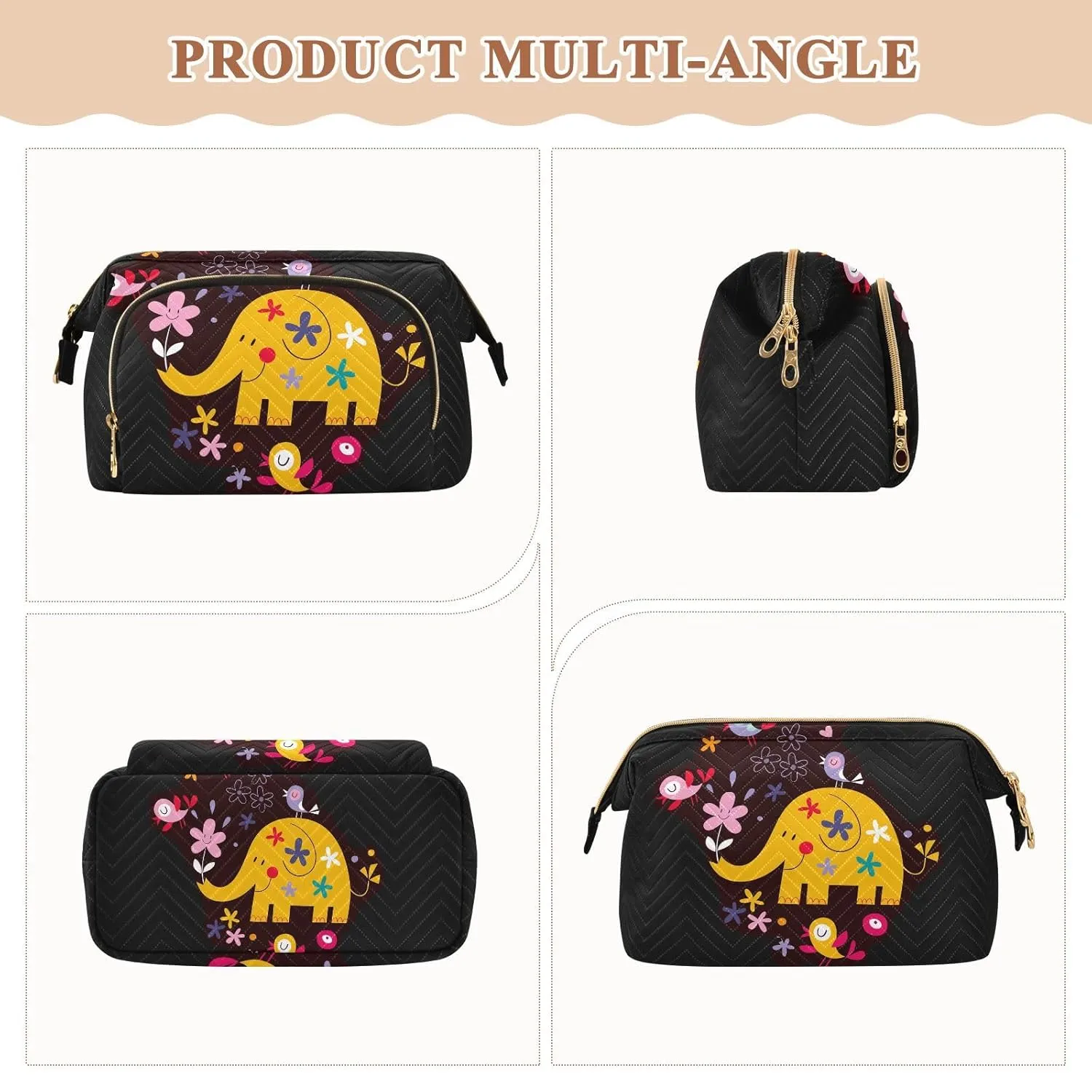 Women Wave Quilt Cosmetic Bag, Zipper Toiletry Storage 10.2x5.9x6.7 in, Pouch Handbag Makeup Case Purse Holder Organizer Print Yellow Elephant With Flowers On Black