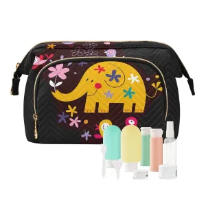 Women Wave Quilt Cosmetic Bag, Zipper Toiletry Storage 10.2x5.9x6.7 in, Pouch Handbag Makeup Case Purse Holder Organizer Print Yellow Elephant With Flowers On Black