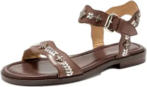 Womens Buckle Strap Back Strap Round Heel Open Side Vamp Ankle Strap Sandals Genuine Cow Leather Metal Decoration Casual Summer Sandals
