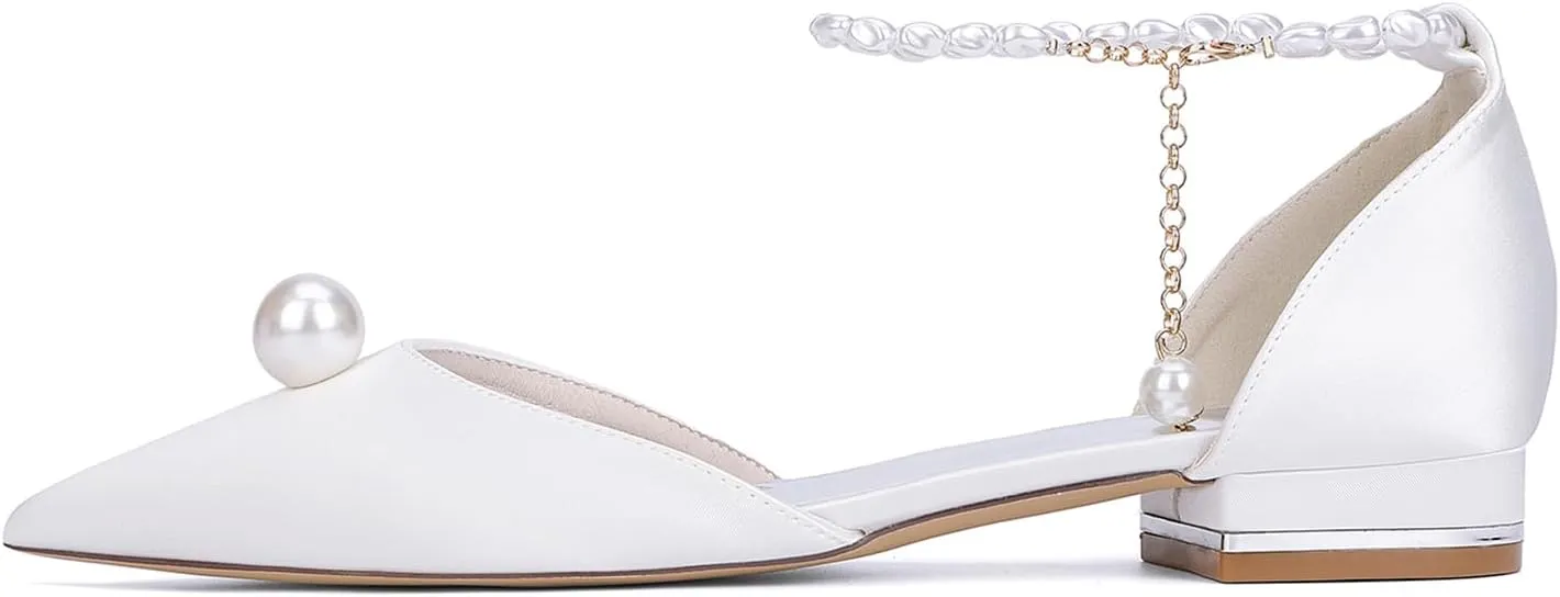 Women's Closed Toe Wedding Flats Satin Pearl Ankle Strap Bridal Shoes Comfortable Evening Prom Party Dress Pumps Sandals