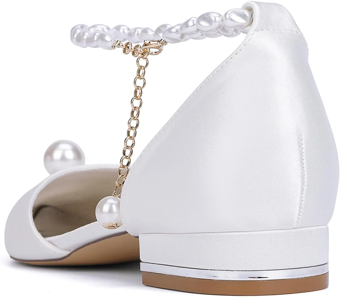 Women's Closed Toe Wedding Flats Satin Pearl Ankle Strap Bridal Shoes Comfortable Evening Prom Party Dress Pumps Sandals