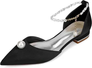 Women's Closed Toe Wedding Flats Satin Pearl Ankle Strap Bridal Shoes Comfortable Evening Prom Party Dress Pumps Sandals