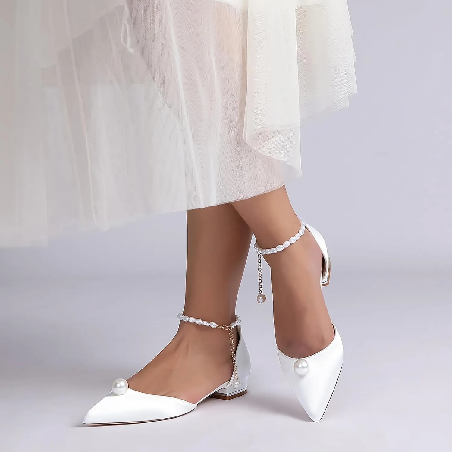 Women's Closed Toe Wedding Flats Satin Pearl Ankle Strap Bridal Shoes Comfortable Evening Prom Party Dress Pumps Sandals