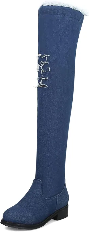 Womens Denim Thigh High Boots Flat Over The Knee Boots Side Zipper