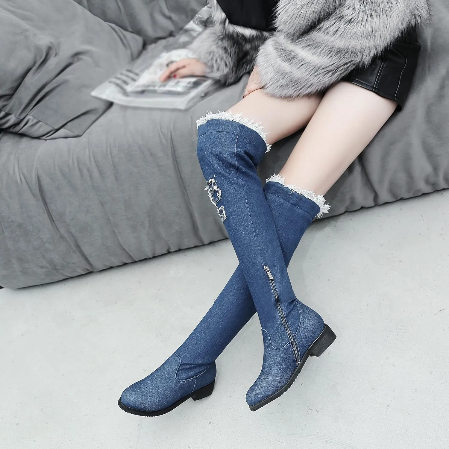 Womens Denim Thigh High Boots Flat Over The Knee Boots Side Zipper
