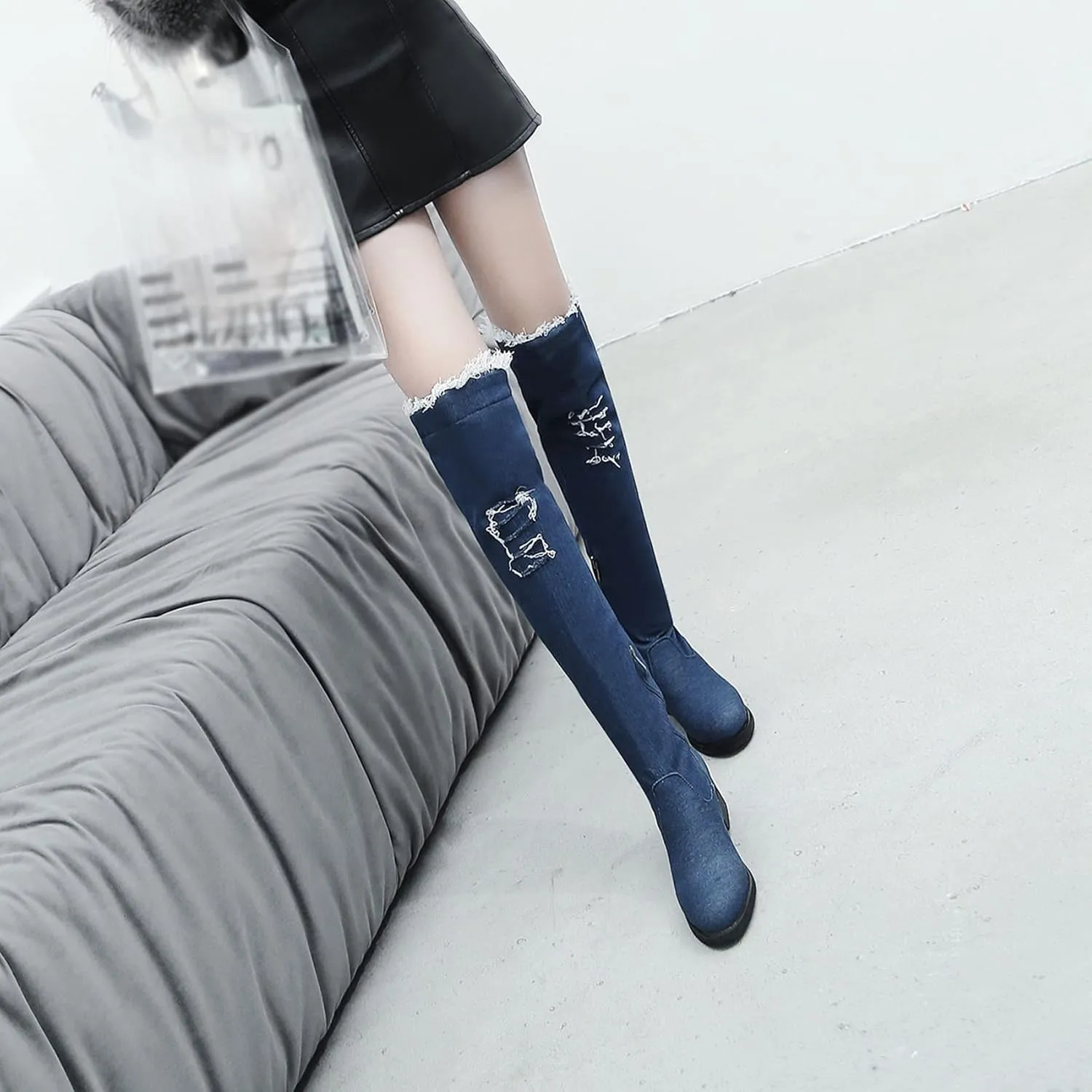 Womens Denim Thigh High Boots Flat Over The Knee Boots Side Zipper