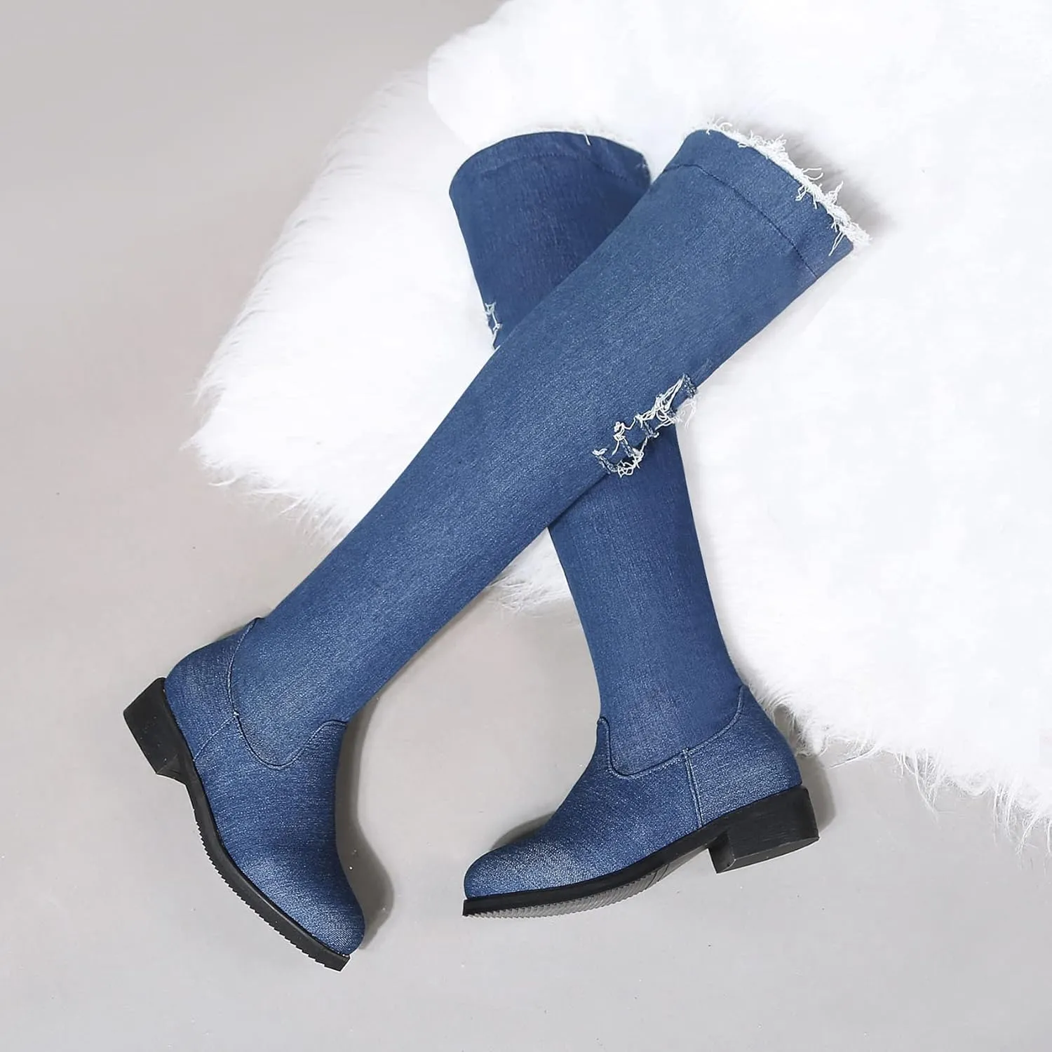 Womens Denim Thigh High Boots Flat Over The Knee Boots Side Zipper