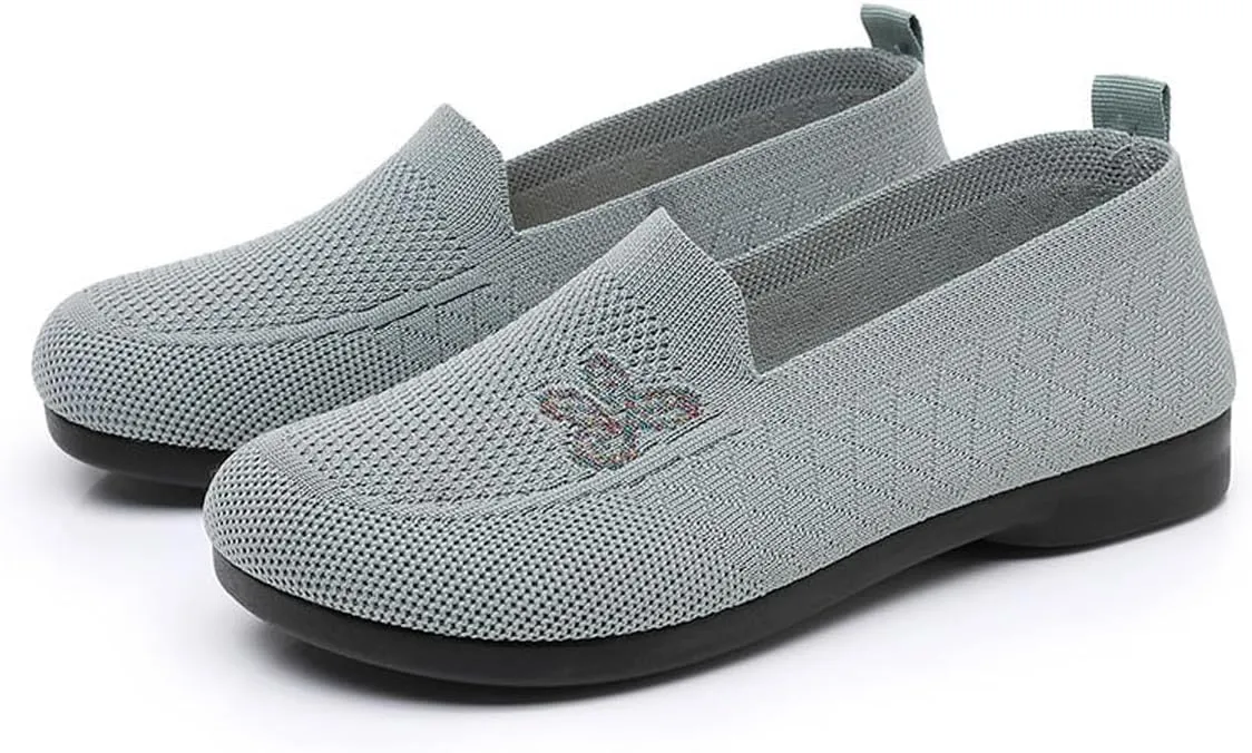 Women's Floral Embroidered Knitted Flat Shoes Casual Breathable Knitted Slip On Loafers National Style Soft Bottom Walking Shoe