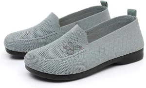 Women's Floral Embroidered Knitted Flat Shoes Casual Breathable Knitted Slip On Loafers National Style Soft Bottom Walking Shoe
