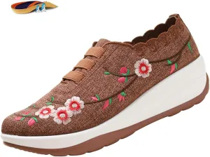 Women's Floral Embroidery Platform Wedge Walking Sneakers Fashion Fitness Mesh Up Stretch Slip On Arch Support Orthopedic Running Shoe Casual Breathable Wedge Rocker Shoe