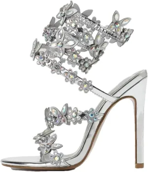 Women’S Flower Decor Rhinestone Open Toe Stiletto Ankle Strap Sandals Slip-On Twine Detail Party Shoes