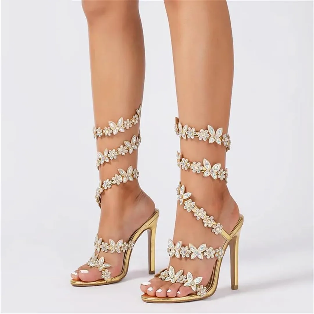 Women’S Flower Decor Rhinestone Open Toe Stiletto Ankle Strap Sandals Slip-On Twine Detail Party Shoes