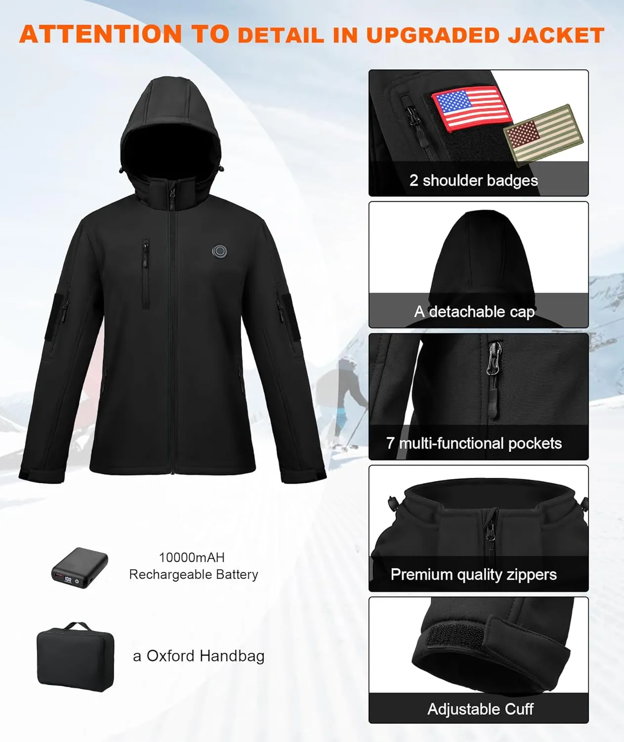 Women's Heated Jacket with Battery Pack,Waterproof Windbreaker Detachable Hooded Electric Heating Jacket Heated Coat