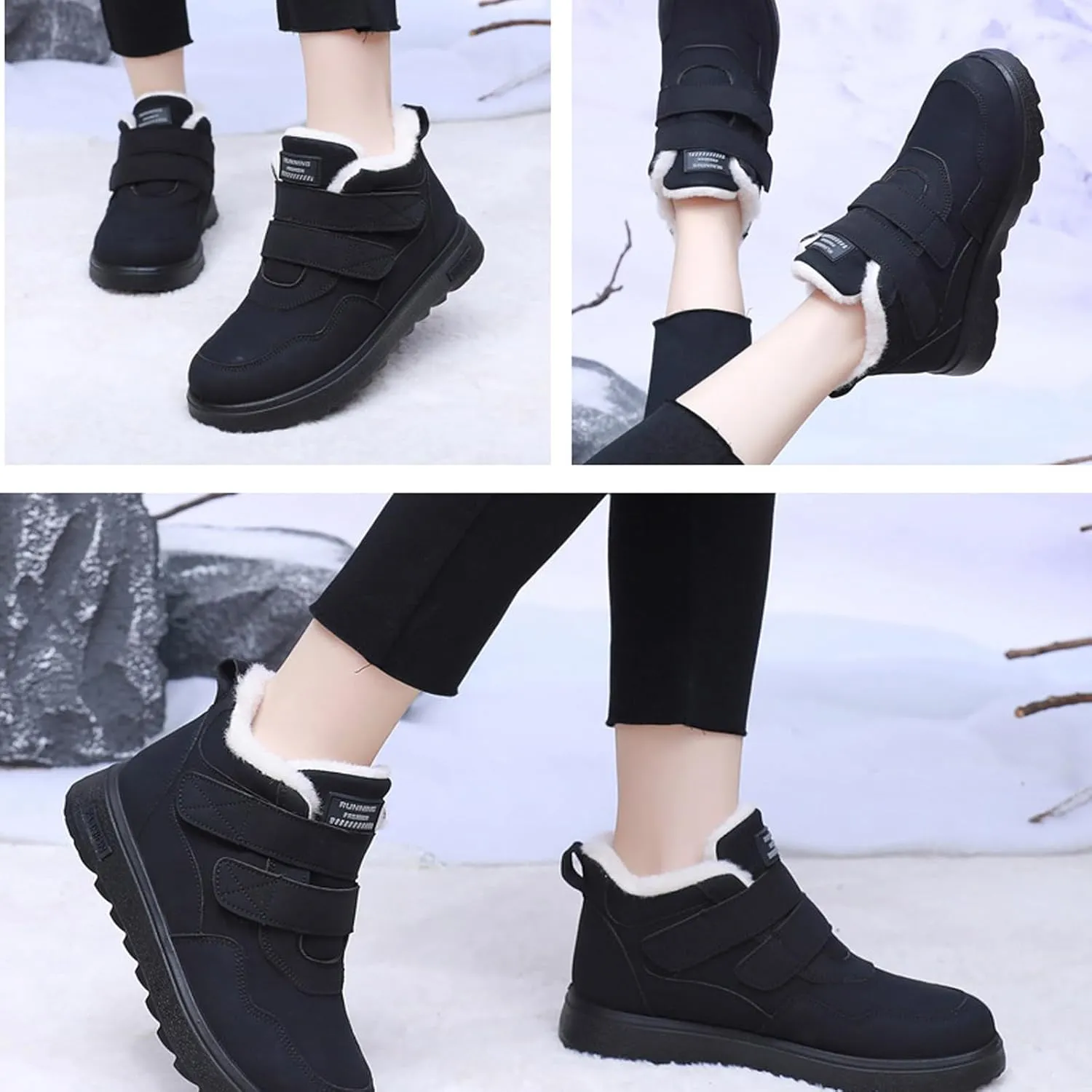 Women's Linen Flat Winter Snow Boots with Hook and Loop Comfort Round Toe Warm Plush Lining Non-slip Casual Outdoor Ankle Boots