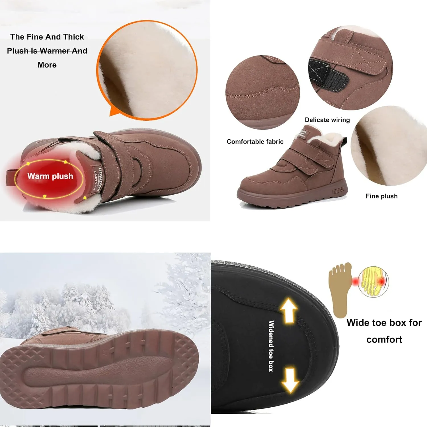 Women's Linen Flat Winter Snow Boots with Hook and Loop Comfort Round Toe Warm Plush Lining Non-slip Casual Outdoor Ankle Boots