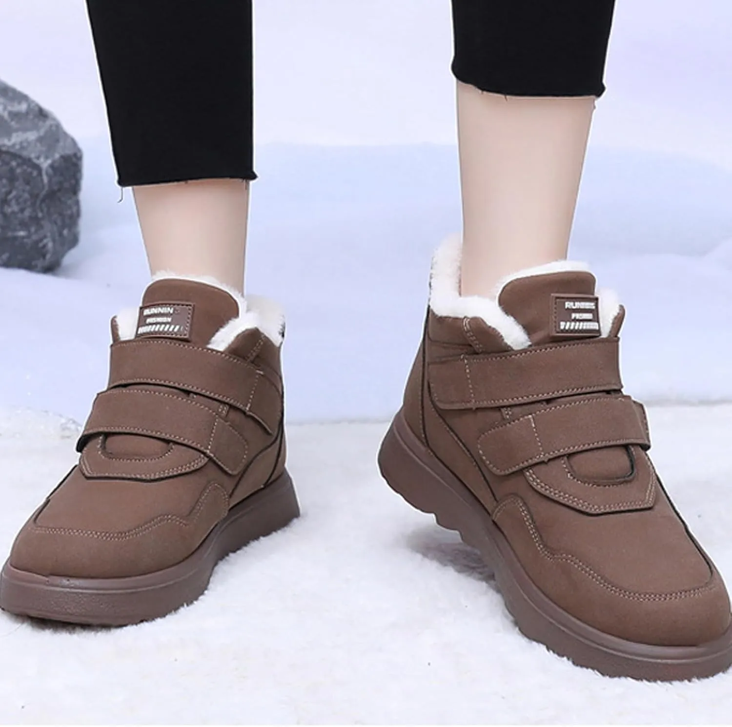 Women's Linen Flat Winter Snow Boots with Hook and Loop Comfort Round Toe Warm Plush Lining Non-slip Casual Outdoor Ankle Boots