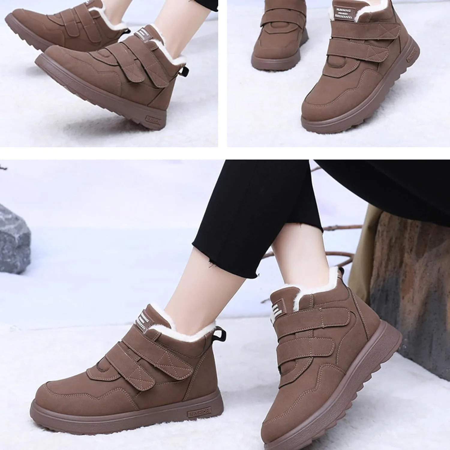 Women's Linen Flat Winter Snow Boots with Hook and Loop Comfort Round Toe Warm Plush Lining Non-slip Casual Outdoor Ankle Boots