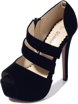 Women's Peep Toe Platform High Heels Sandal Pumps Prom Heels Zipper Hollow Out Sexy Heels Velvet Black Tag 43-265/US 10.5