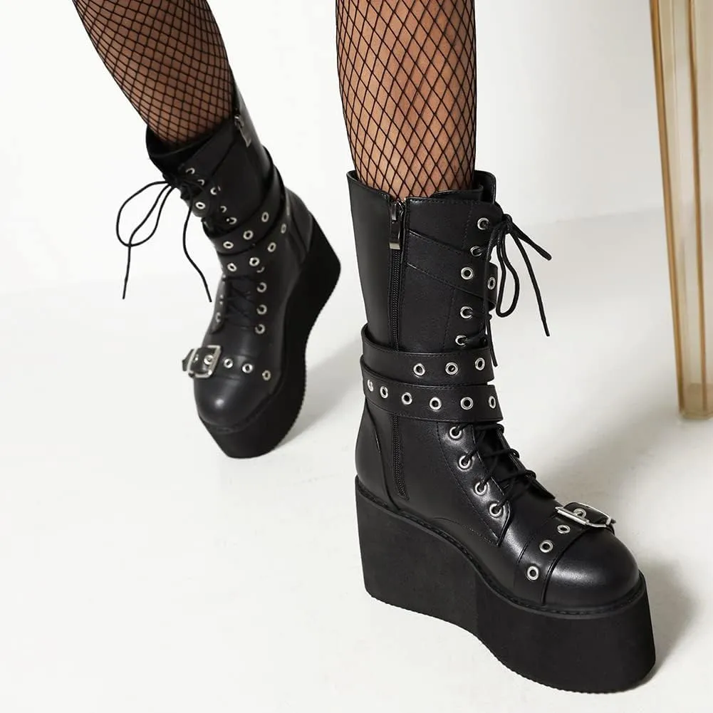 Womens Platform Mid Calf Combat Boots Winter Lace Up Wedge Heel Studded Goth Punk Buckle Motorcycle Knee High Boots