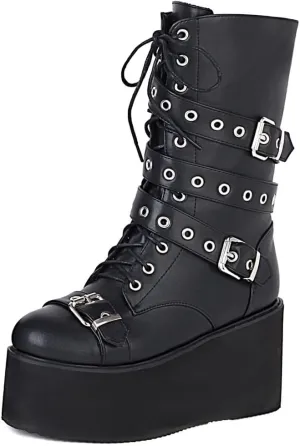 Womens Platform Mid Calf Combat Boots Winter Lace Up Wedge Heel Studded Goth Punk Buckle Motorcycle Knee High Boots