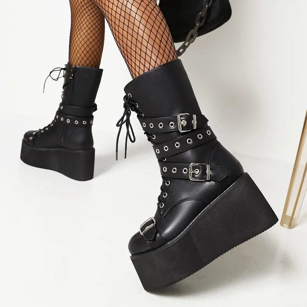 Womens Platform Mid Calf Combat Boots Winter Lace Up Wedge Heel Studded Goth Punk Buckle Motorcycle Knee High Boots