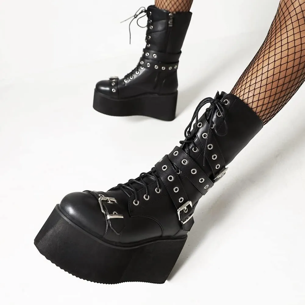 Womens Platform Mid Calf Combat Boots Winter Lace Up Wedge Heel Studded Goth Punk Buckle Motorcycle Knee High Boots