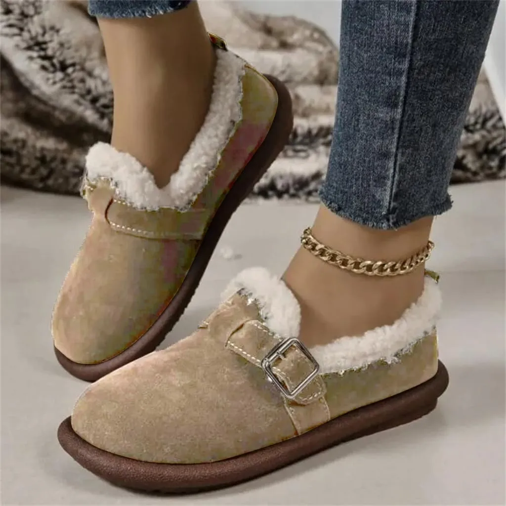 Women's Plush Round Toe Slip-On Flats, Women's Plush Lined Orthopedic Slip-On Shoes, Retro Buckle Strap Round Toe Flat Loafers